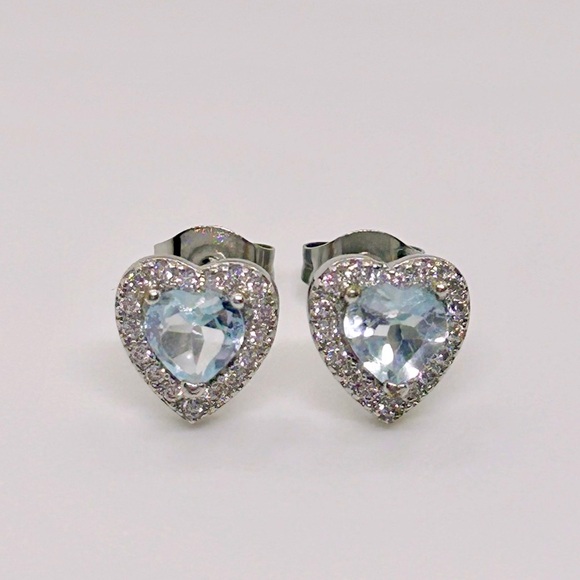 Genuine Aquamarine 925 Sterling Silver Heart Earrings - Picture 4 of 10